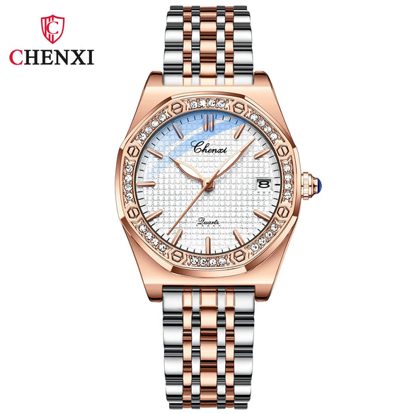 Women's Fashion Octagon Dial Alloy Case Genuine Leather Strap Diamondencrusted Quartz Watch