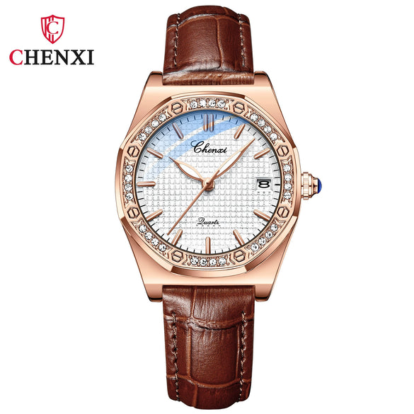 Women's Fashion Octagon Dial Alloy Case Genuine Leather Strap Diamondencrusted Quartz Watch