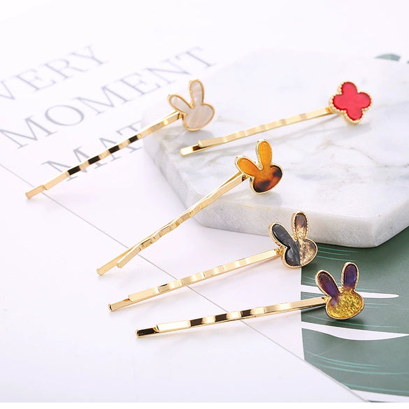 Women's Fashion Ol Geometric Alloy Electroplated Rabbit Head Four Leaf Clover One Word Clip Hairpin Hair Accessories