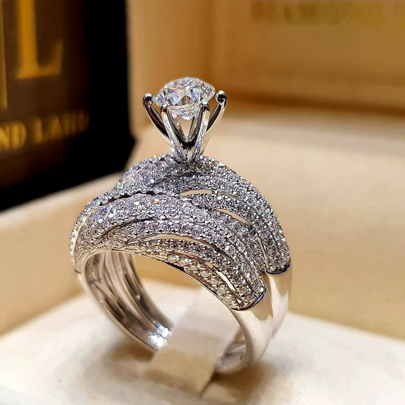 Women's Fashion Ol Style S925 Silver Plated Double Layer Simulation Diamond Ring With Flower Design And Alloy Material