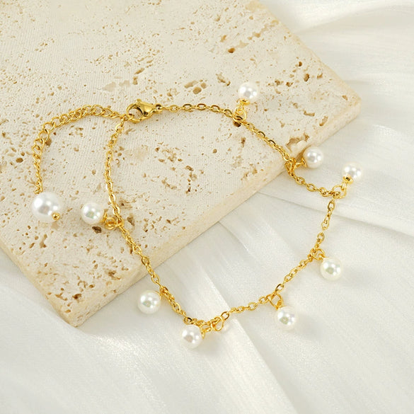 Women's Fashion Pearl Tassel Titanium Steel Anklet Jewelry With Geometric Design