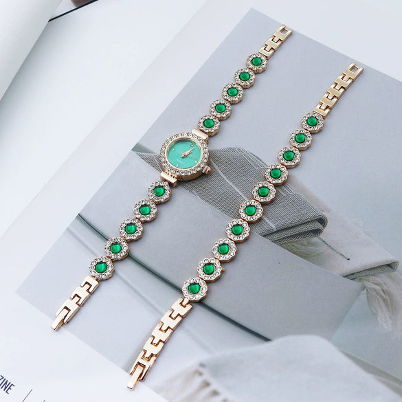 Women's Fashion Quartz Bracelet Watch Set Chalcedony Diamond Alloy Round Dial