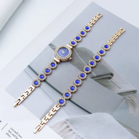 Women's Fashion Quartz Bracelet Watch Set Chalcedony Diamond Alloy Round Dial