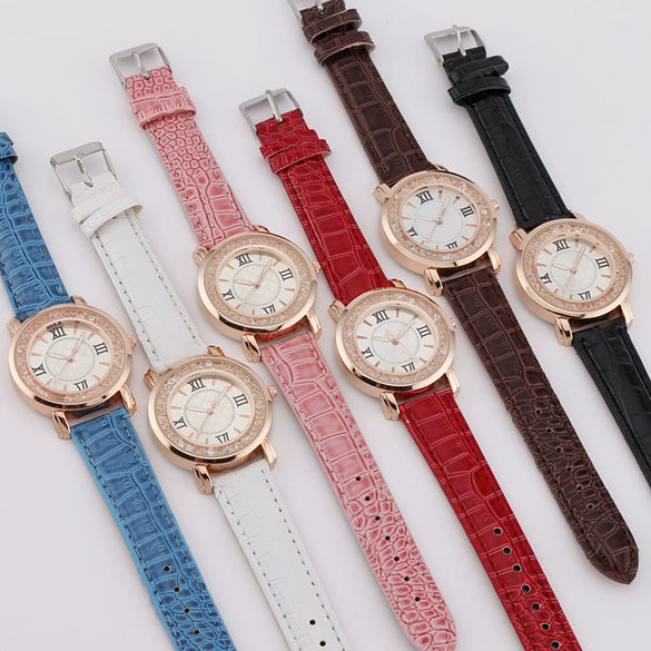 Women's Fashion Quartz Watch Alloy Case Imitation Leather Strap Round Dial Printed Logo