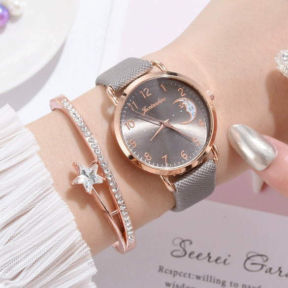 Women's Fashion Quartz Watch Set With Round Dial Alloy Case Textile Strap And Glass Mirror
