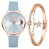 Women's Fashion Quartz Watch Set With Round Dial Alloy Case Textile Strap And Glass Mirror