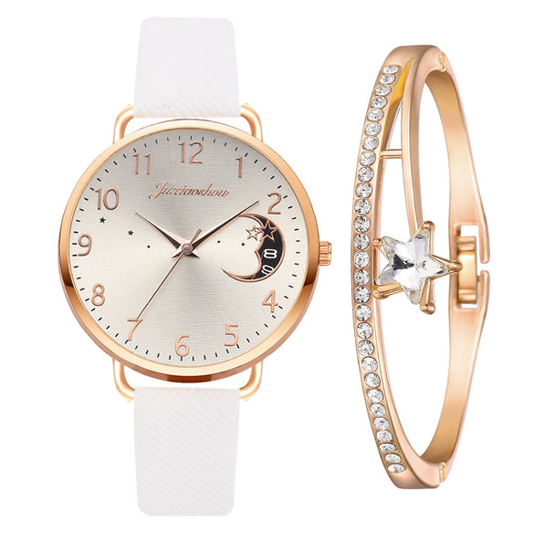Women's Fashion Quartz Watch Set With Round Dial Alloy Case Textile Strap And Glass Mirror