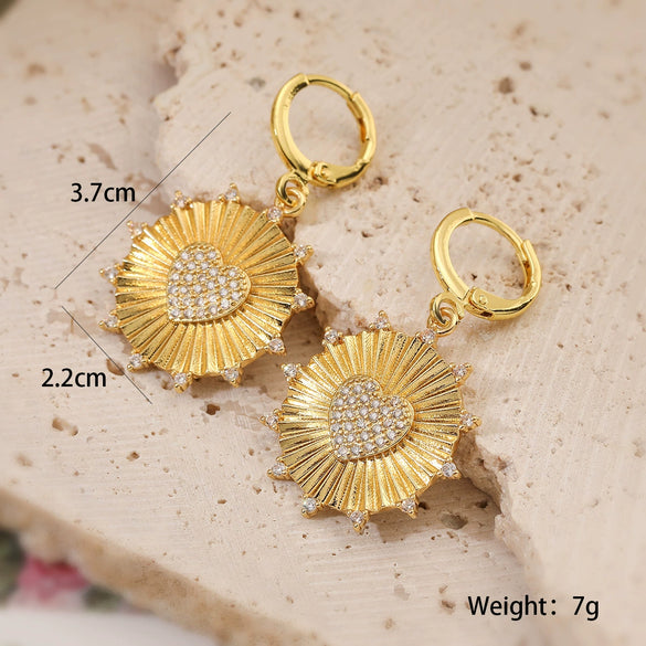 Women's Fashion Retro Copper Micropaved Sunflower Heart Round Pendant Necklace Earrings Set