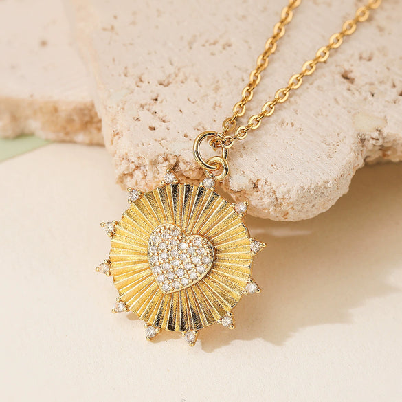 Women's Fashion Retro Copper Micropaved Sunflower Heart Round Pendant Necklace Earrings Set
