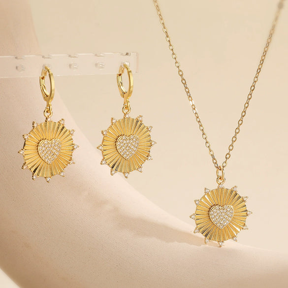 Women's Fashion Retro Copper Micropaved Sunflower Heart Round Pendant Necklace Earrings Set