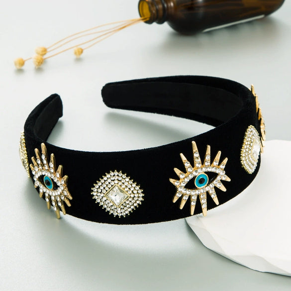 Women's Fashion Retro Hair Hoop Black Velvet With Diamond Design