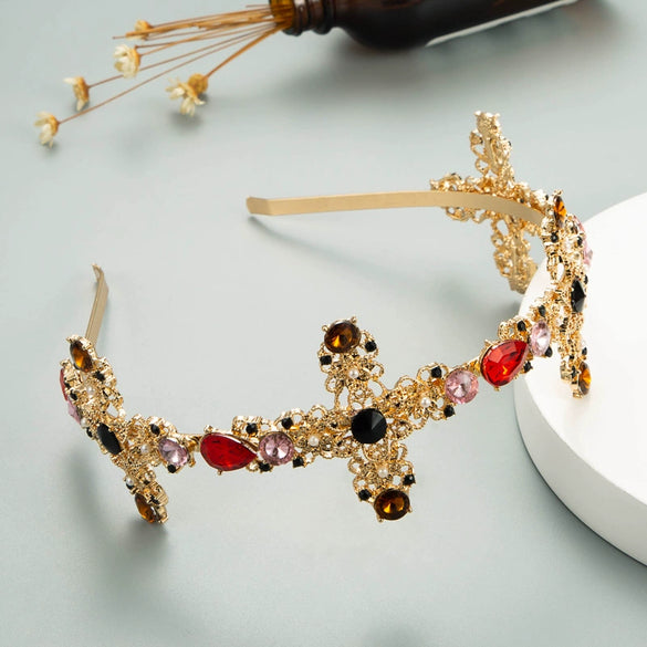Women's Fashion Rhinestone Hair Band Baroque Style Gold Cross Shaped Headband With Colorful Diamond Inlay Hair Accessory