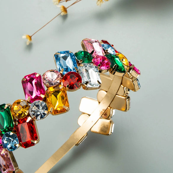 Women's Fashion Rhinestone Hair Band Baroque Style Gold Cross Shaped Headband With Colorful Diamond Inlay Hair Accessory