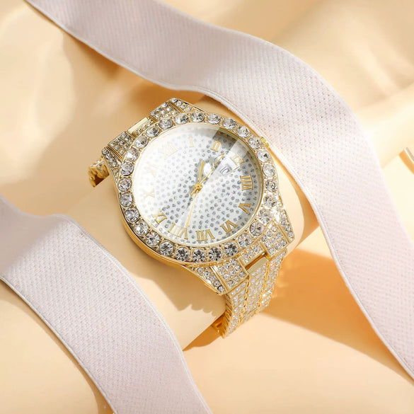 Women's Fashion Roman Diamondencrusted Watch With Calendar Alloy Case And Strap Round Dial