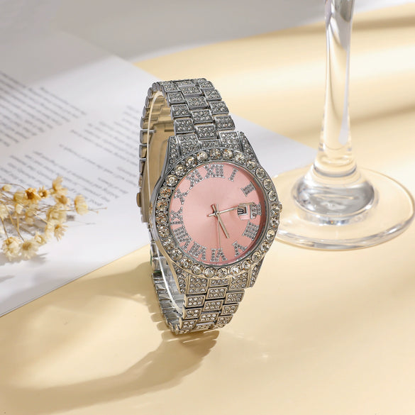 Women's Fashion Roman Diamondencrusted Watch With Calendar Alloy Case And Strap Round Dial