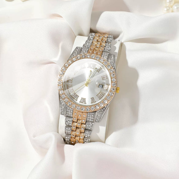 Women's Fashion Roman Diamondencrusted Watch With Calendar Alloy Case And Strap Round Dial