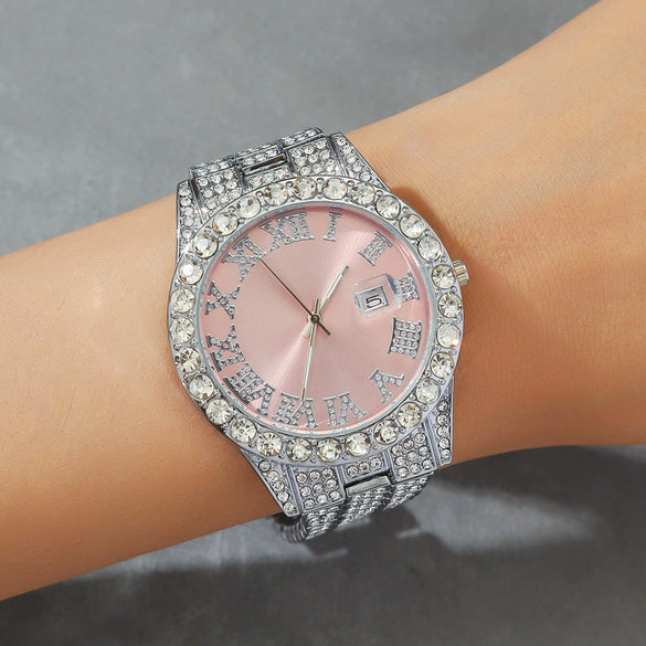 Women's Fashion Roman Diamondencrusted Watch With Calendar Alloy Case And Strap Round Dial