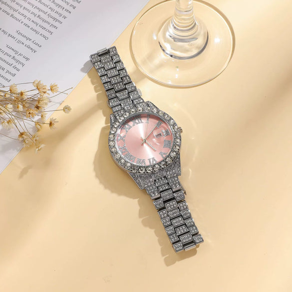 Women's Fashion Roman Diamondencrusted Watch With Calendar Alloy Case And Strap Round Dial