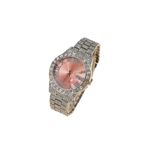 Women's Fashion Roman Diamondencrusted Watch With Calendar Alloy Case And Strap Round Dial