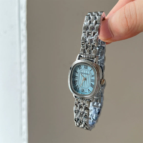 Women's Fashion Roman Scale Compact Oval Metal Band Watch