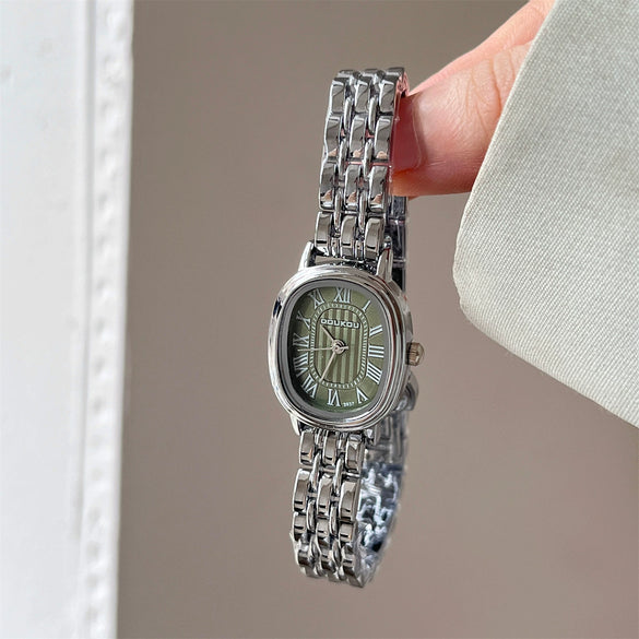Women's Fashion Roman Scale Compact Oval Metal Band Watch