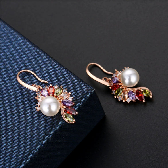Women's Fashion Rose Gold Plated Copper Star Earrings With Colorful Zircon And Pearl Electroplated Statement Jewelry