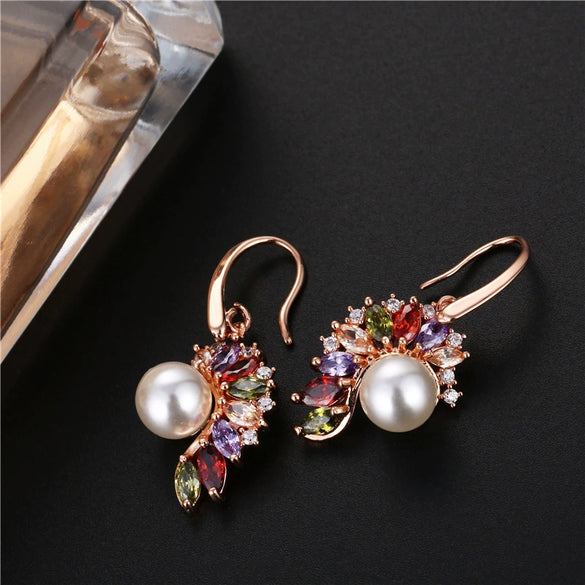 Women's Fashion Rose Gold Plated Copper Star Earrings With Colorful Zircon And Pearl Electroplated Statement Jewelry