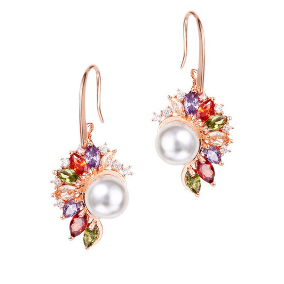 Women's Fashion Rose Gold Plated Copper Star Earrings With Colorful Zircon And Pearl Electroplated Statement Jewelry