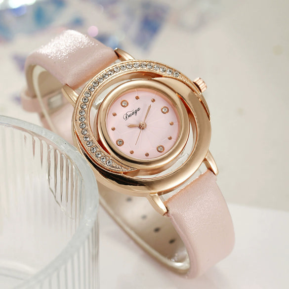 Women's Fashion Round Dial Alloy Case Imitation Leather Strap Stainless Steel Buckle Watch