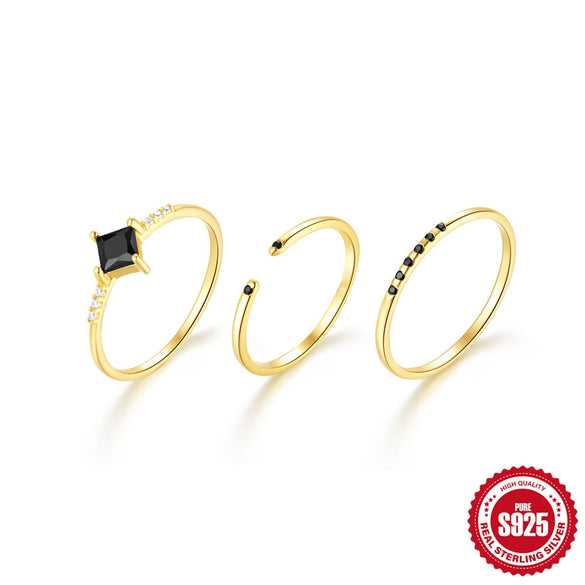 Women's Fashion S925 Sterling Silver Geometric Zircon Stacked Ring With Real Gold Electroplating Dark Threepiece Suit