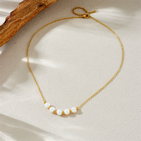 Women's Fashion Simple Allmatch Temperament Irregular Contrast Color Pearl Accessories Stainless Steel Necklace With Geometric Pattern And Electroplated Box Chain