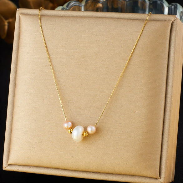 Women's Fashion Simple Allmatch Temperament Irregular Contrast Color Pearl Accessories Stainless Steel Necklace With Geometric Pattern And Electroplated Box Chain