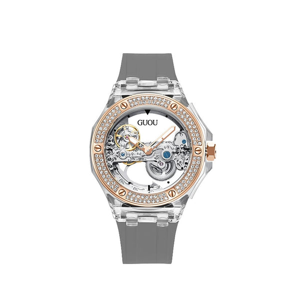 Women's Fashion Simple Alloy Case Mineral Reinforced Glass Mirror Silicone Strap Round Dial Mechanical Watch With Rhinestones And Waterproof Function