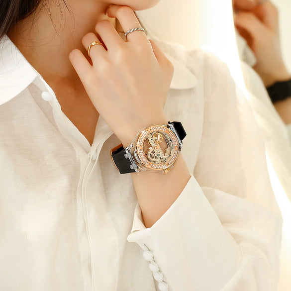 Women's Fashion Simple Alloy Case Mineral Reinforced Glass Mirror Silicone Strap Round Dial Mechanical Watch With Rhinestones And Waterproof Function