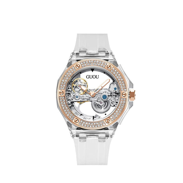 Women's Fashion Simple Alloy Case Mineral Reinforced Glass Mirror Silicone Strap Round Dial Mechanical Watch With Rhinestones And Waterproof Function