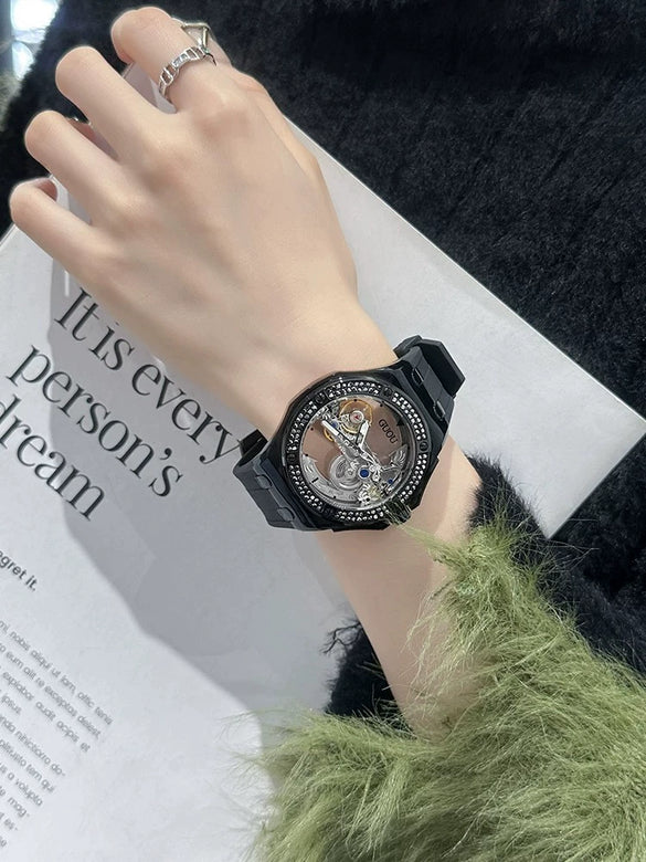 Women's Fashion Simple Alloy Case Mineral Reinforced Glass Mirror Silicone Strap Round Dial Mechanical Watch With Rhinestones And Waterproof Function