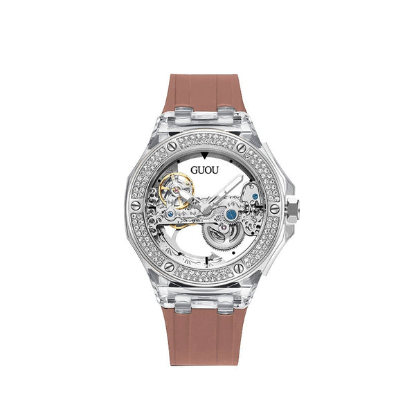 Women's Fashion Simple Alloy Case Mineral Reinforced Glass Mirror Silicone Strap Round Dial Mechanical Watch With Rhinestones And Waterproof Function
