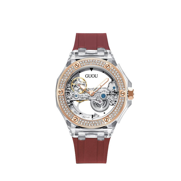 Women's Fashion Simple Alloy Case Mineral Reinforced Glass Mirror Silicone Strap Round Dial Mechanical Watch With Rhinestones And Waterproof Function