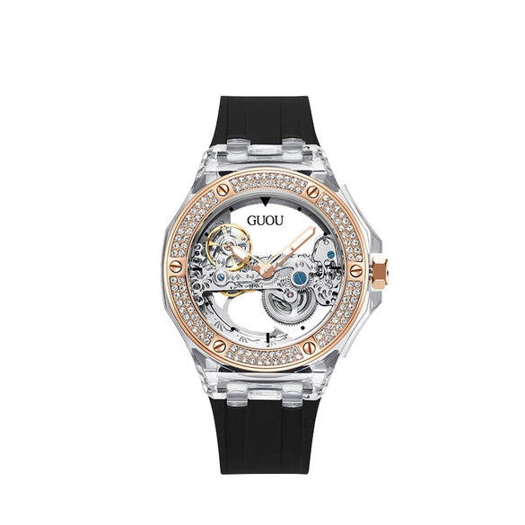 Women's Fashion Simple Alloy Case Mineral Reinforced Glass Mirror Silicone Strap Round Dial Mechanical Watch With Rhinestones And Waterproof Function