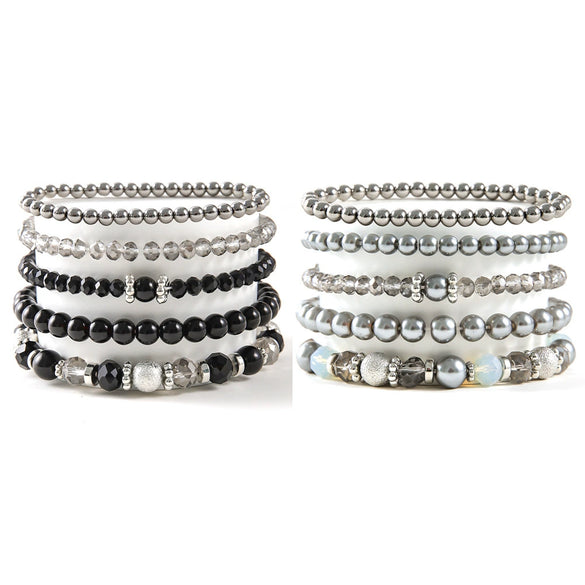 Women's Fashion Simple Crystal Beaded Stretch And Pearl Multi Layer Stacked Geometric Bracelet 5 Piece Set