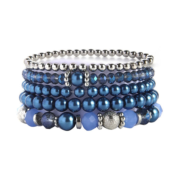 Women's Fashion Simple Crystal Beaded Stretch And Pearl Multi Layer Stacked Geometric Bracelet 5 Piece Set
