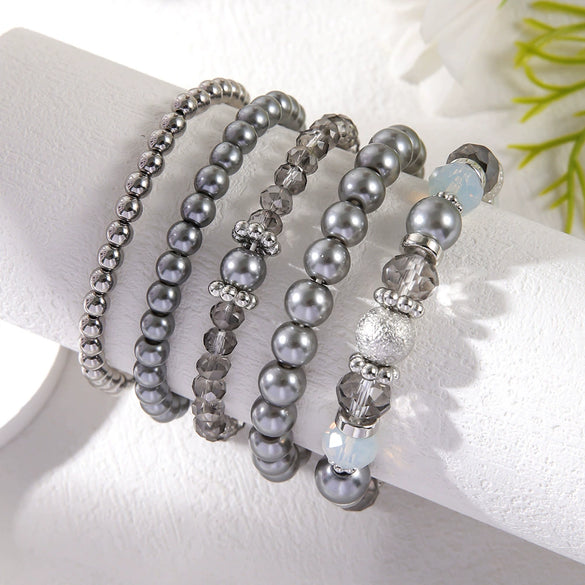 Women's Fashion Simple Crystal Beaded Stretch And Pearl Multi Layer Stacked Geometric Bracelet 5 Piece Set