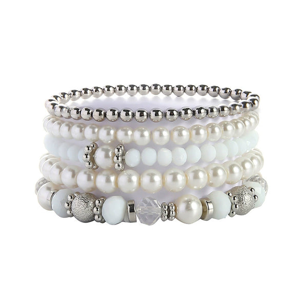 Women's Fashion Simple Crystal Beaded Stretch And Pearl Multi Layer Stacked Geometric Bracelet 5 Piece Set