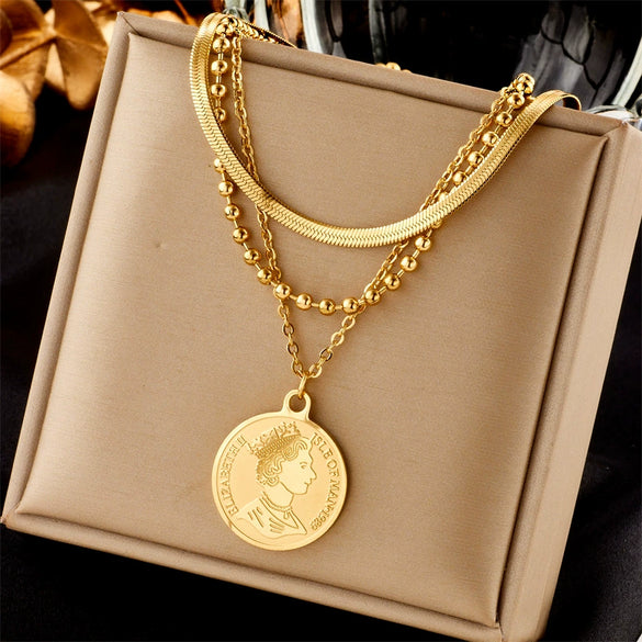 Women's Fashion Simple Design Stainless Steel Clavicle Chain With Pearl Round Eye Pendant Electroplated Jewelry
