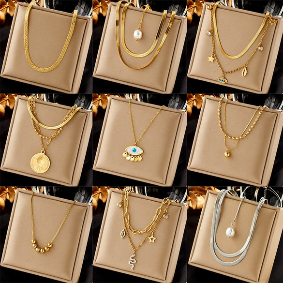Women's Fashion Simple Design Stainless Steel Clavicle Chain With Pearl Round Eye Pendant Electroplated Jewelry