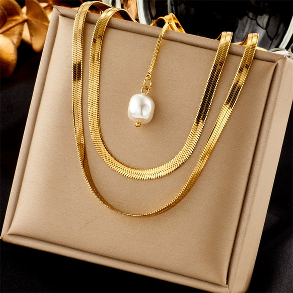 Women's Fashion Simple Design Stainless Steel Clavicle Chain With Pearl Round Eye Pendant Electroplated Jewelry