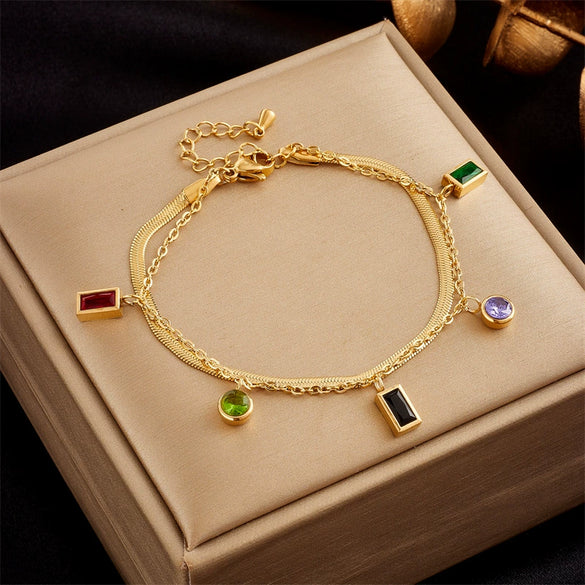 Women's Fashion Simple Highgrade Multilayer Stacked Titanium Steel Round Pendant Eye Butterfly Diamondembedded Electroplated Bracelet