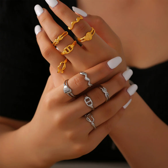 Women's Fashion Simple Personality Love Shape 316L Stainless Steel Gold Plated Open Ring With Heart And Geometric Patterns