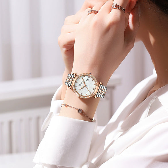 Women's Fashion Square Alloy Case Stainless Steel Band Waterproof Diamond Inlaid Watch