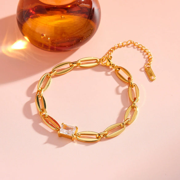 Women's Fashion Square Geometric Zircon Inlaid Stainless Steel Bracelet With 18K Gold Vacuum Plating
